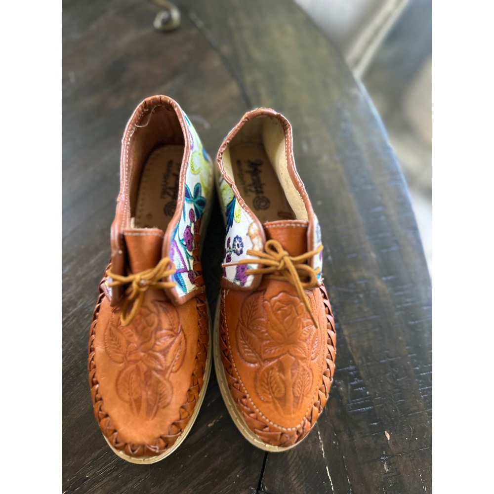Artcalza Mexican Huarache Platform Oxfords Tan Leather Floral Embroidered Size 7